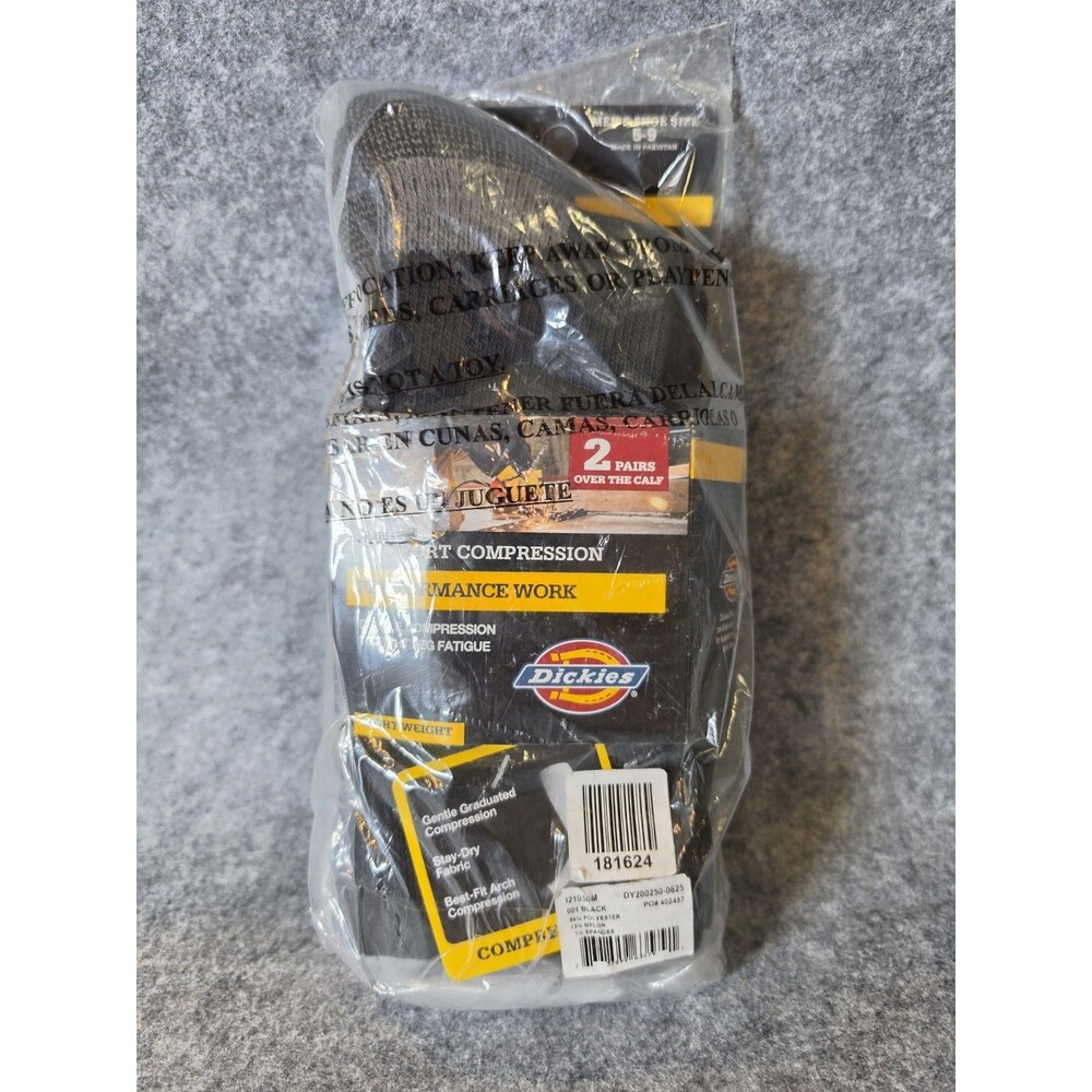 Dickies Comfort Compression Work Socks Men Size 5-9 Black 2 Pairs